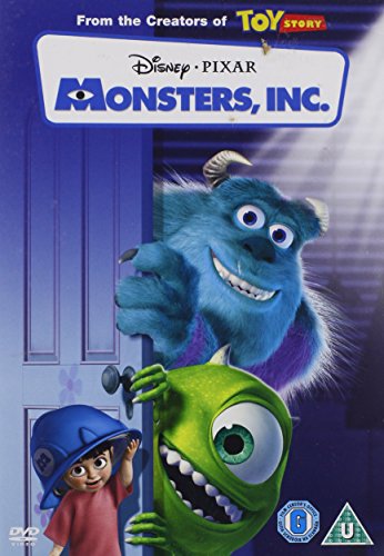 Monsters, Inc. DVD case with colorful character art, blue background, and barcode.