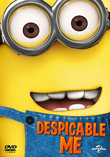 "Despicable Me DVD cover featuring a Minion's smiling face with goggles and denim."