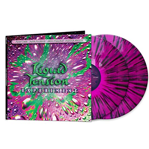 Liquid Tension Experiment vinyl record with colorful, swirled purple and green discs.