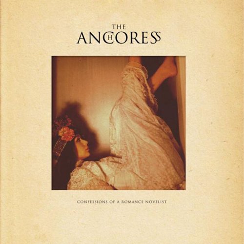 "Album cover with a woman in a wedding dress, lying on the floor, on beige background."