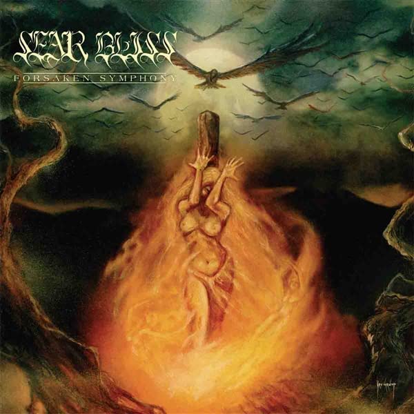 Album cover: fiery landscape with a figure and soaring bird.