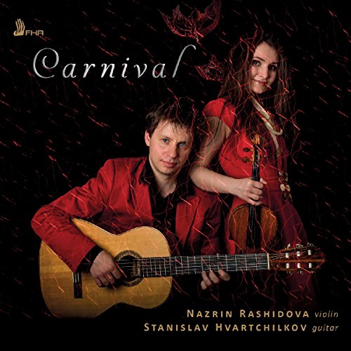 "CD cover featuring a man and woman holding guitars against a dark red background."
