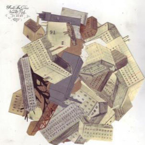 Vinyl record album cover with a chaotic, 3D cityscape illustration on a white background.