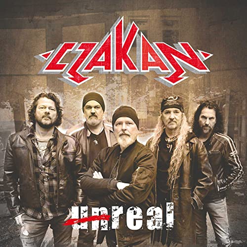 Czaken band photo for the "Unreal" CD album cover, five men posing.