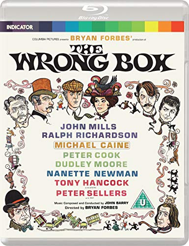 “The Wrong Box” Blu-ray cover featuring a colorful, illustrated cast portrait.