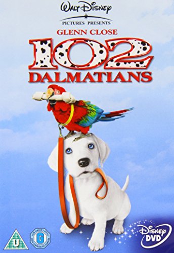 102 Dalmatians" DVD cover featuring Cruella de Vil with spotted dogs.