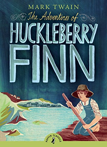 "Book cover of 'The Adventures of Huckleberry Finn' featuring a boy on a boat."