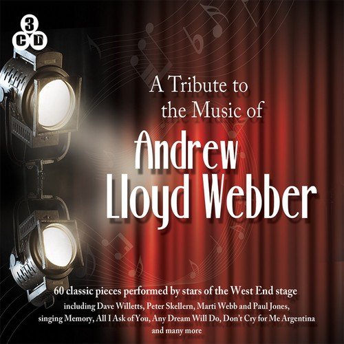 "CD cover with stage lights, red curtain, and 'Andrew Lloyd Webber' in white text."