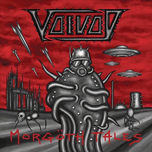Voivod album cover: dystopian landscape with figure in gas mask, UFOs.