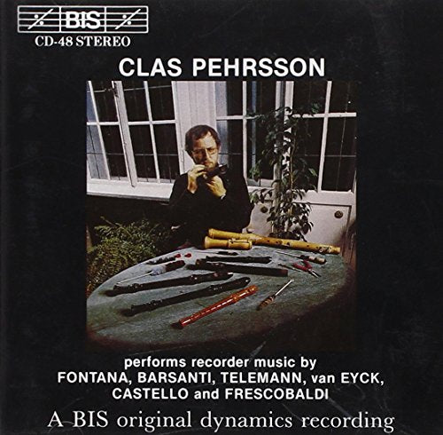 CD cover: Clas Pehrsson playing recorder with recorders on a table.
