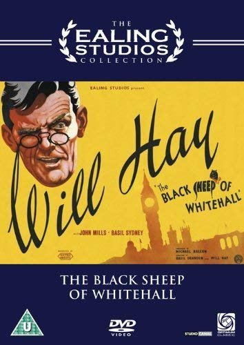 DVD cover for "The Black Sheep of Whitehall" with cartoon illustration and dark blue background.
