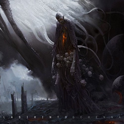 "Dark album cover with hooded figure and skulls, surrounded by dark, eerie landscape."