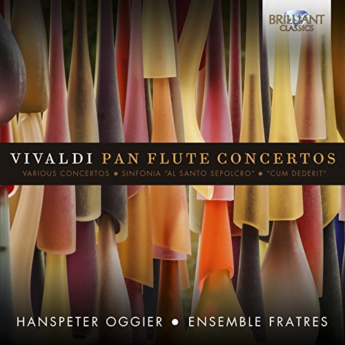 CD cover with colorful pan flutes and gold text "Vivaldi Pan Flute Concertos".