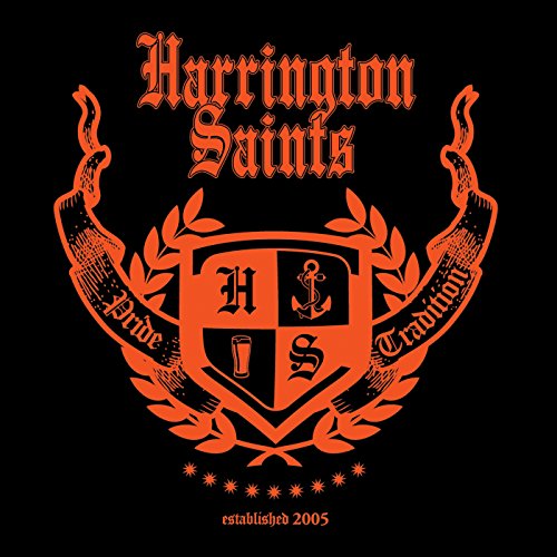 The alt text for the image is: "Orange crest with 'Harrington Saints' on a black vinyl album cover."