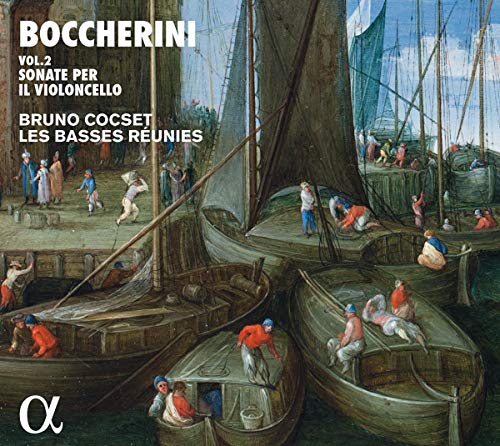 "CD cover with 18th-century harbor scene, boats, and people, white text on black background."