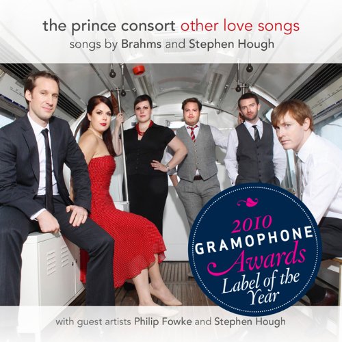 "CD cover featuring five men and one woman in formal attire, inside a subway car."