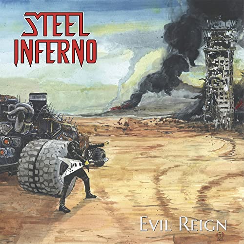 CD cover: post-apocalyptic landscape with vehicle, figure, and fiery destruction.