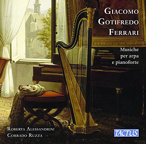 A CD cover featuring a harp and piano in a room with a window.