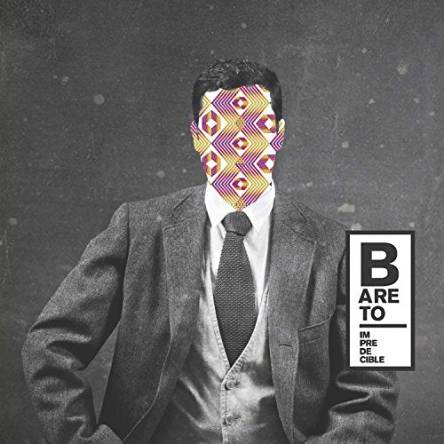 Man in suit with patterned face, album cover for Bareto’s “Impredecible”.