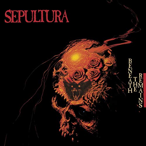 Sepultura album cover: a fiery skull with roses and band title.
