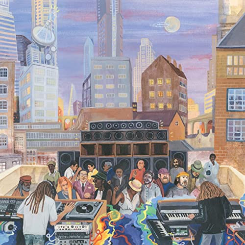 Painting of musicians performing on a rooftop with a city skyline in the background.