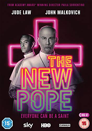 DVD cover for "The New Pope" featuring Jude Law and John Malkovich.