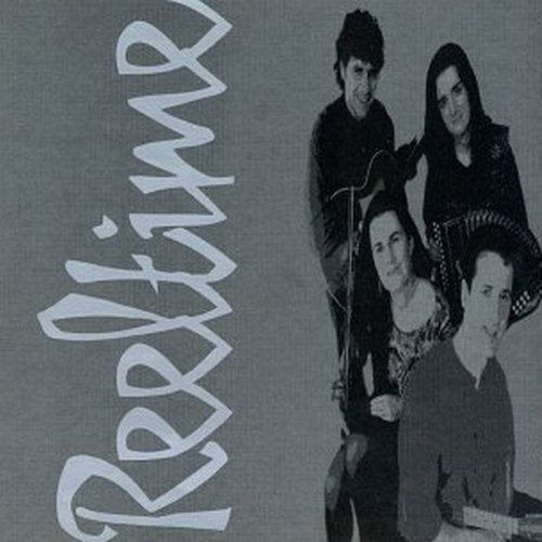 "CD cover with 'Reeltime' text and a black-and-white band photo on grey background."