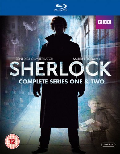 Blu-ray cover featuring a silhouette of Sherlock standing over a seated Dr. Watson.