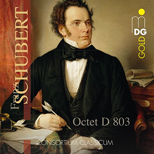 CD cover featuring a portrait of Franz Schubert writing with a quill pen.
