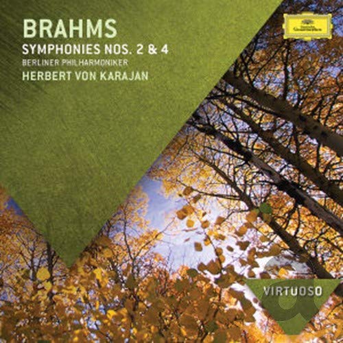 CD cover with green diagonal overlay, autumn trees, and white text "Brahms Symphonies Nos. 2 & 4".