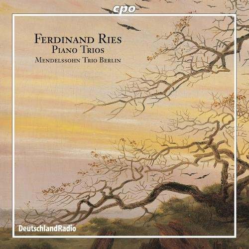 "CD cover with a painting of bare tree branches against a sunset sky."