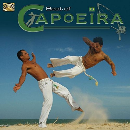 "CD cover with two men kicking on a beach, blue sky background."