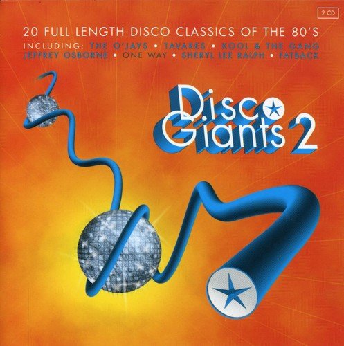 "CD cover with orange background, disco balls, and blue ribbon-like design, listing song titles."