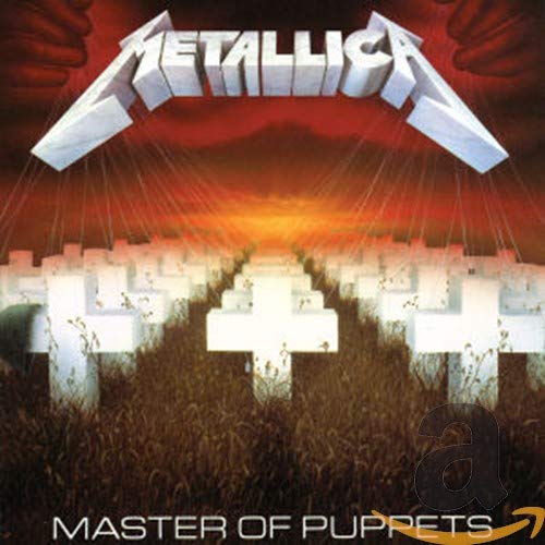 Metallica’s “Master of Puppets” album cover with crosses and fiery sky.