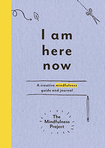 Light blue book cover with "I am here now" text and simple doodles.