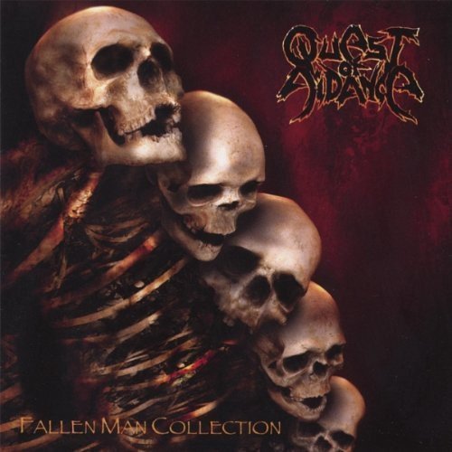 "Album cover with four stacked skulls on a skeleton against a dark red background."