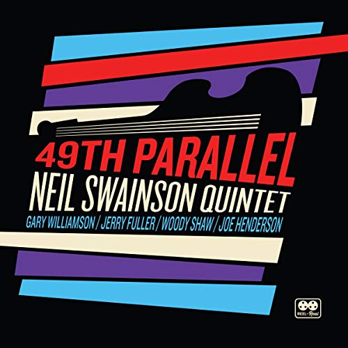 Vinyl album cover with black background, colorful stripes, and text "49th Parallel".