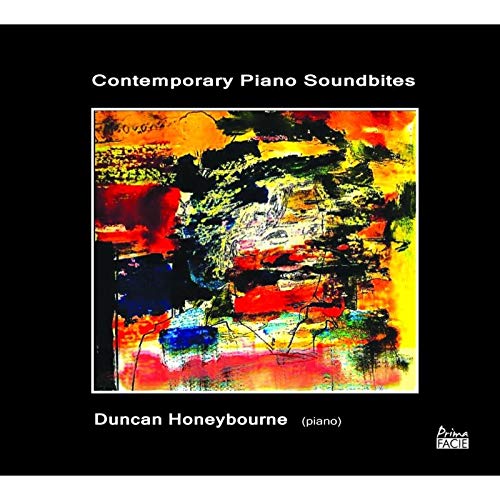 "CD cover with abstract colorful artwork on a black background, titled Contemporary Piano Soundbites."