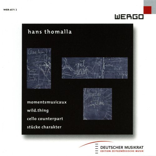 "Black CD cover with white text and three blue rectangles containing scribbles."