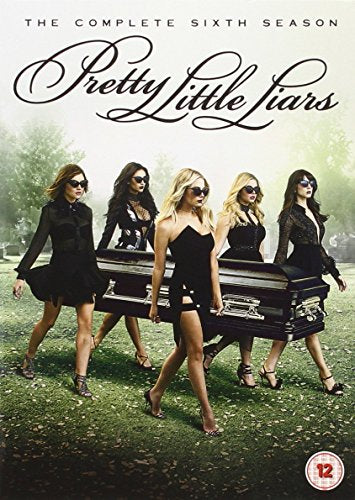 "Pretty Little Liars Season 6 DVD cover featuring five women in black dresses carrying a coffin."