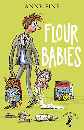 "Book cover featuring cartoon man and child, with flour spilling, on a green background."