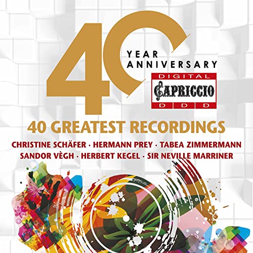 CD cover for Capriccio’s 40th anniversary, featuring large gold “40” and colorful abstract art.