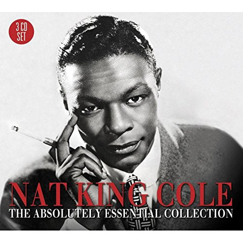 Black and white photo of Nat King Cole with cigarette, red and white text overlay.