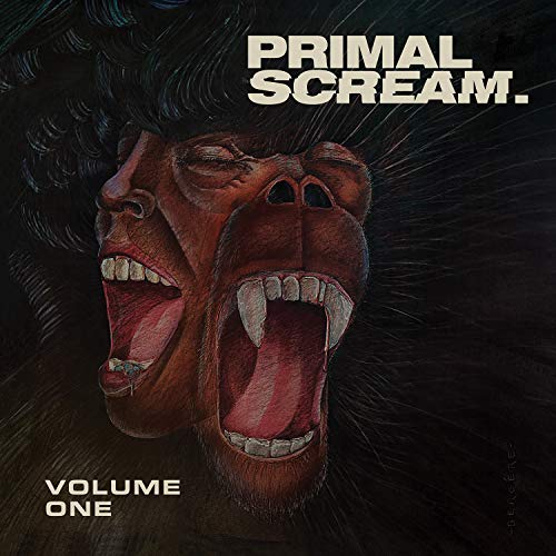 "Album cover with a screaming monkey's face, titled 'Primal Scream, Volume One'."