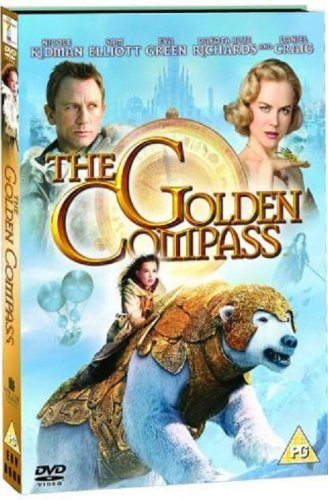 DVD cover for The Golden Compass featuring a girl riding an armored polar bear.