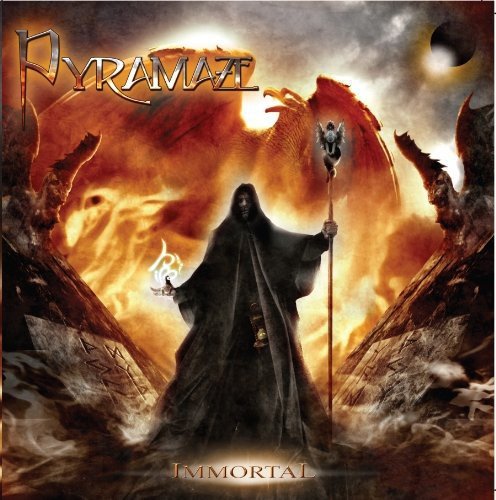 Pyramaze "Immortal" CD cover: hooded figure with dragon and fiery landscape.