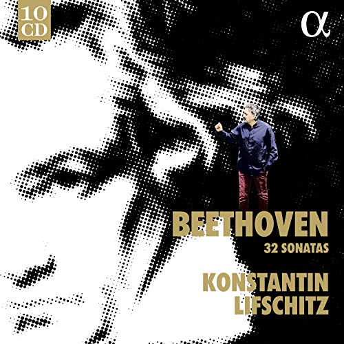 CD cover with a man standing, Beethoven's image, and text "Beethoven 32 Sonatas Konstantin Lifschitz".