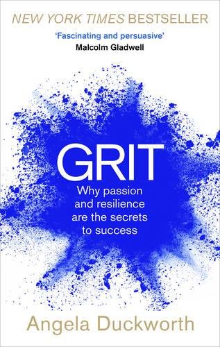 Book cover of "Grit" by Angela Duckworth, featuring a blue splatter design on white.