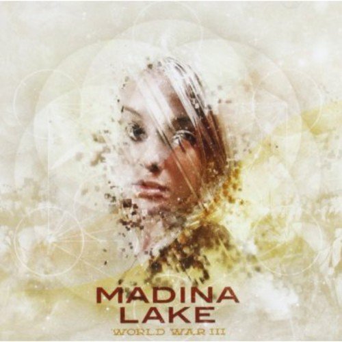 "Album cover with a woman's face, abstract designs, and 'Madina Lake World War III' text."