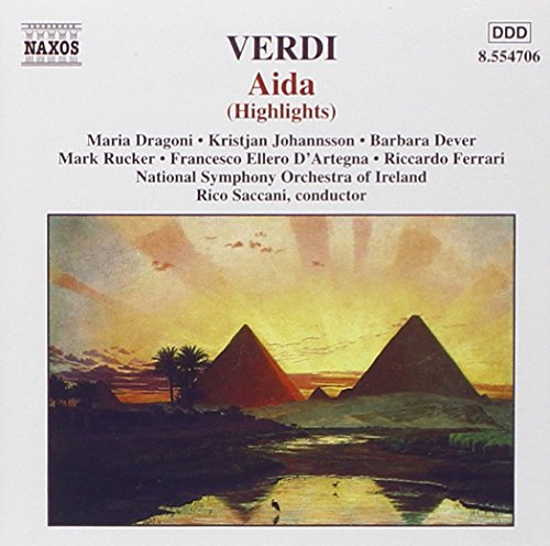 "CD cover featuring pyramids at sunset with 'Verdi Aida' text and performer names."